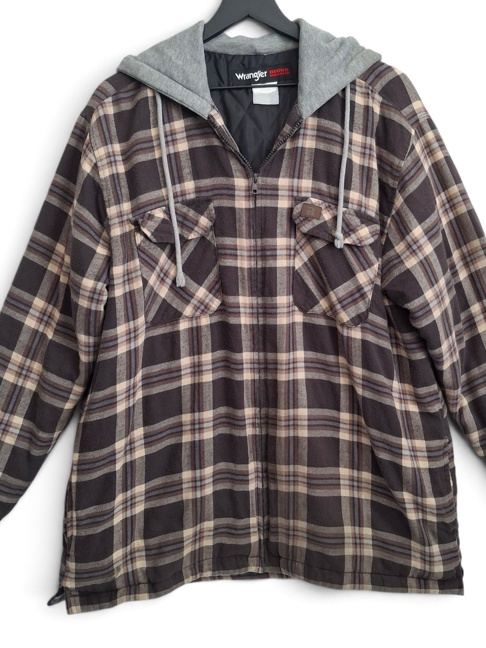 Wrangler Men’s Brown Plaid Hooded Zip Jacket - Size XL - Workwear, Outdoor